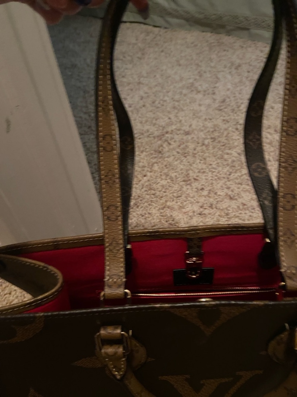 Designer Inspired Brown Monogram Tote with Red Interior - Picture 7 of 7